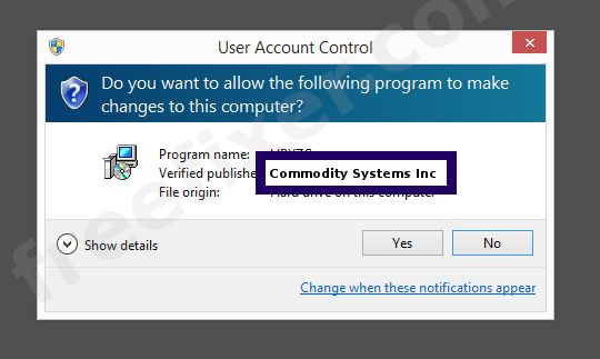 Screenshot where Commodity Systems Inc appears as the verified publisher in the UAC dialog